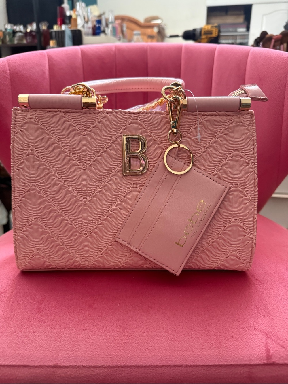 bebe Pink Textured Satchel with Gold Hardware and Charm - Picture 5 of 5